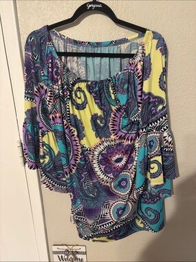 Boho Paisley Scoop Neck Top - Yellow Turquoise Purple